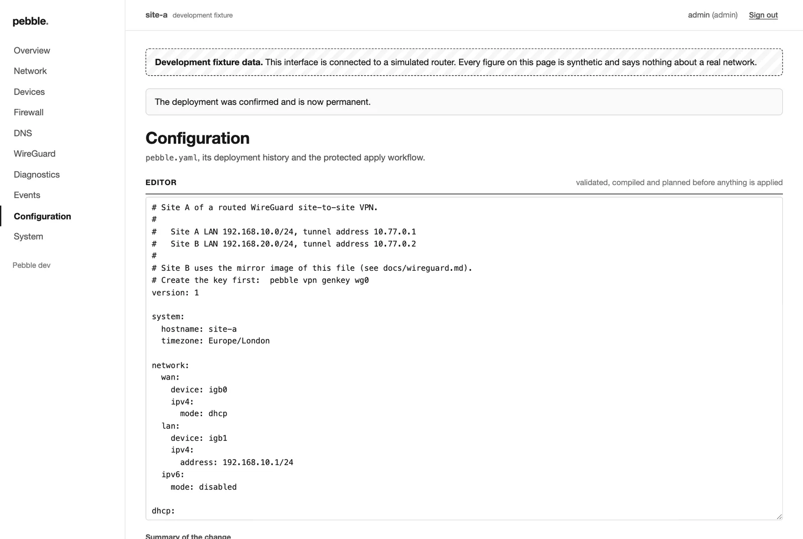 Configuration page with YAML editor and history