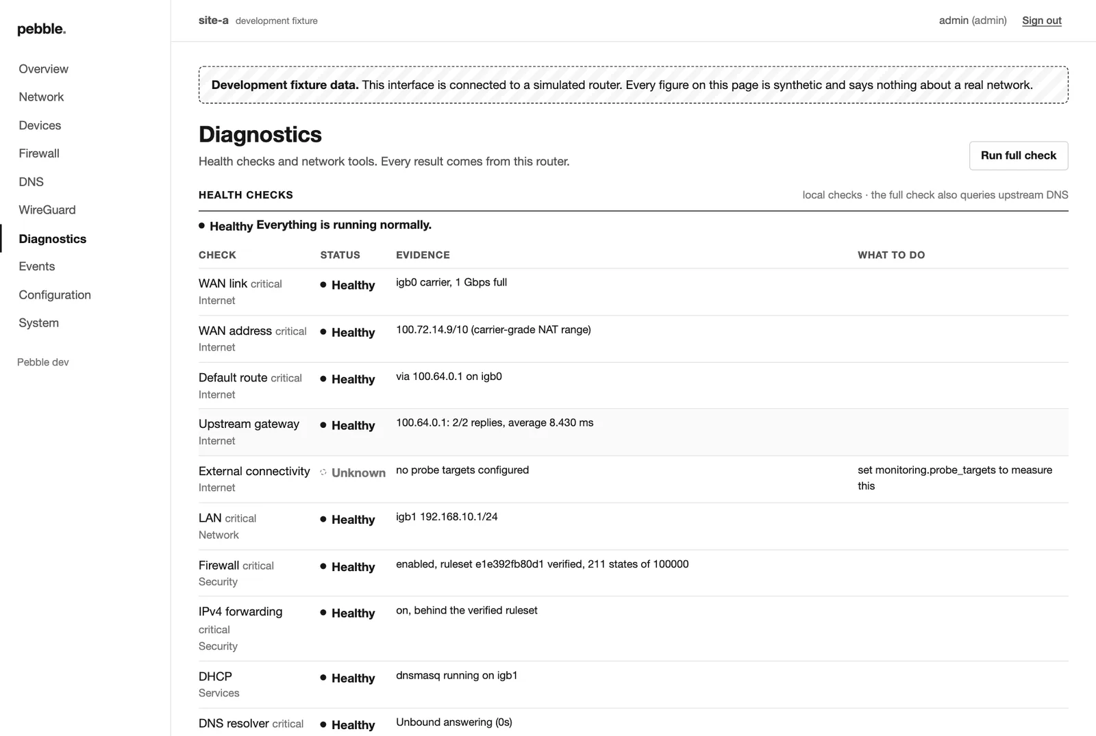 Diagnostics page with health checks