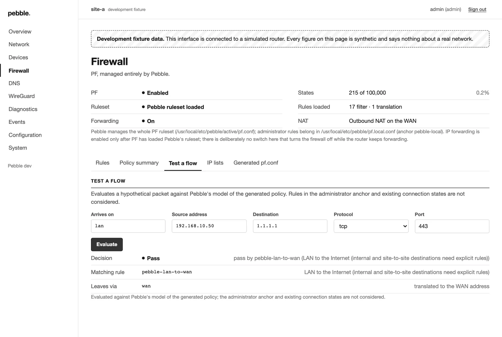 Firewall flow test result