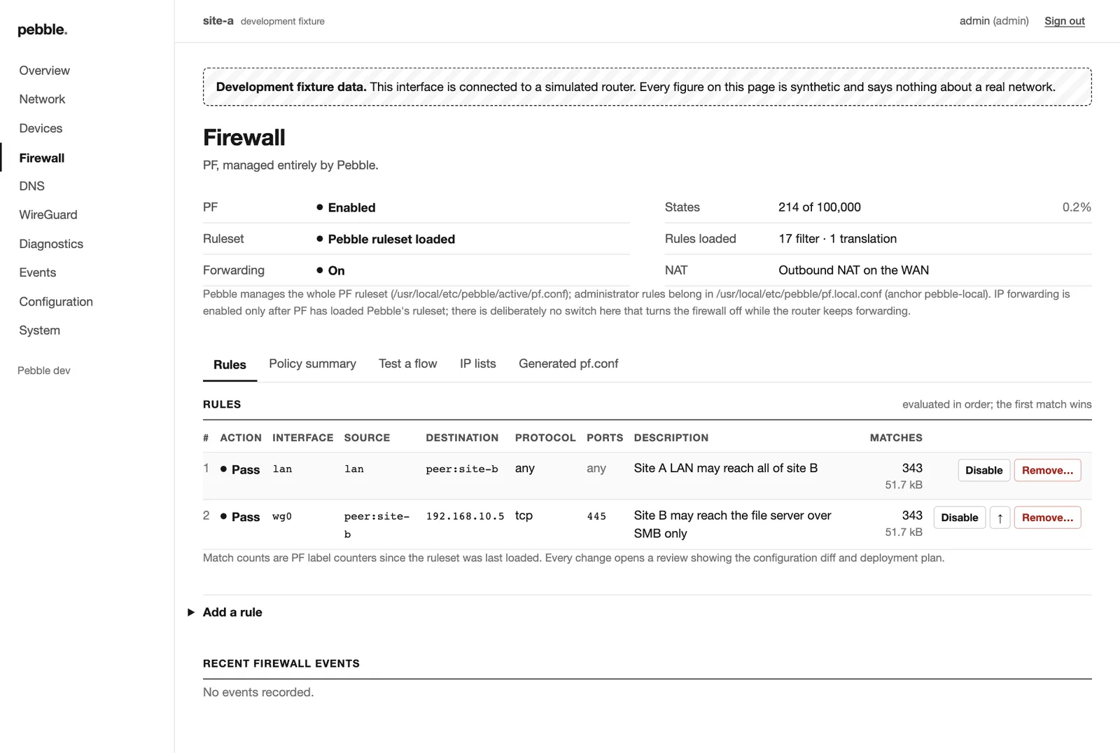 Firewall page with rules, match counters and lint warnings