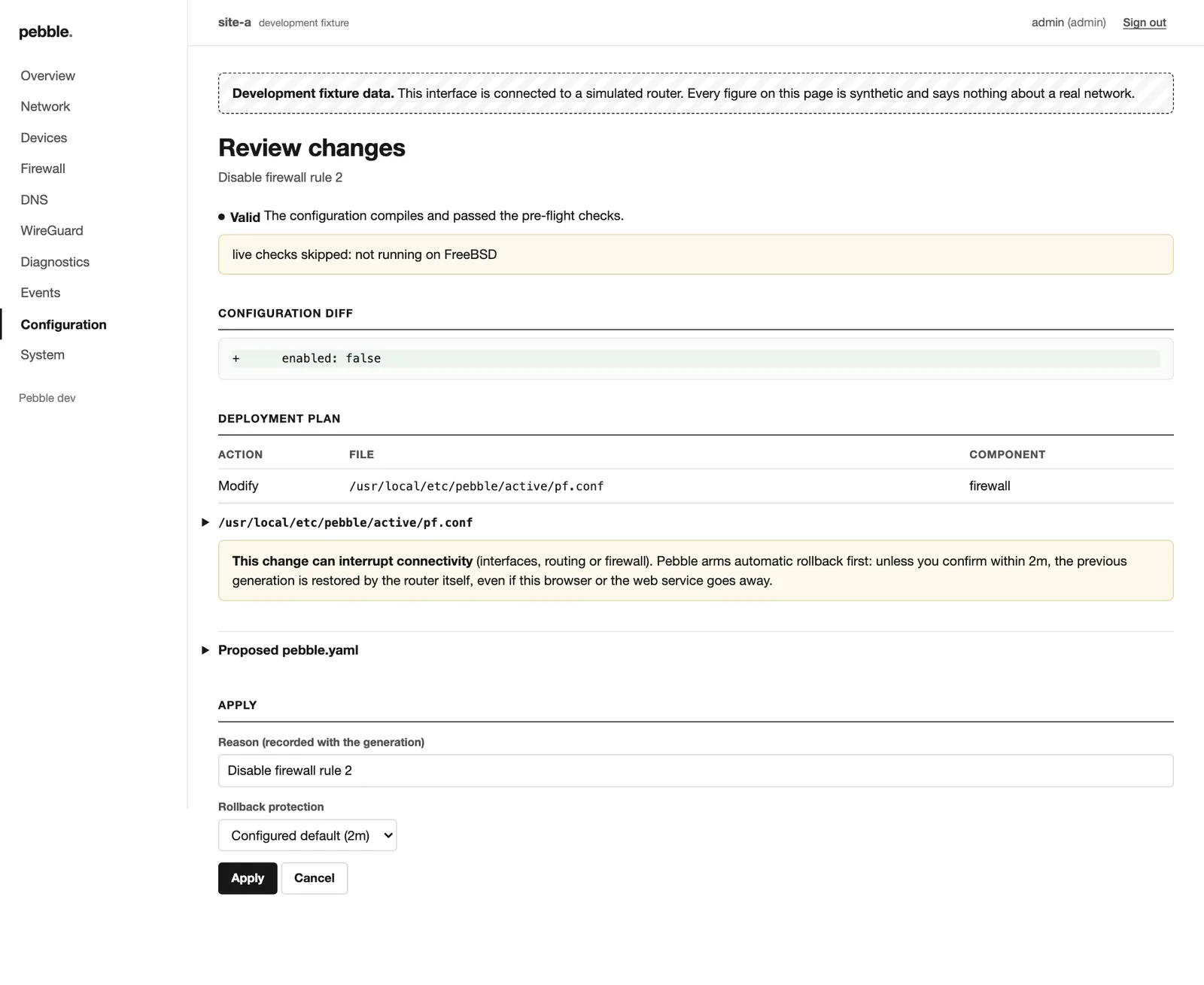 Review page with a configuration diff and deployment plan