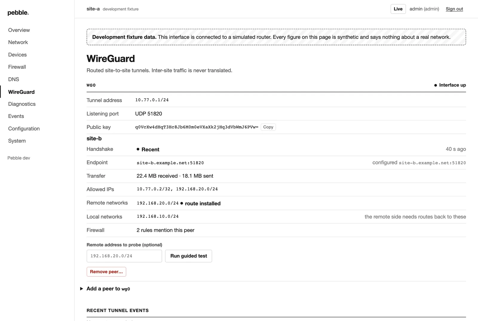 WireGuard page showing peers, handshakes, endpoints, transfer and routes